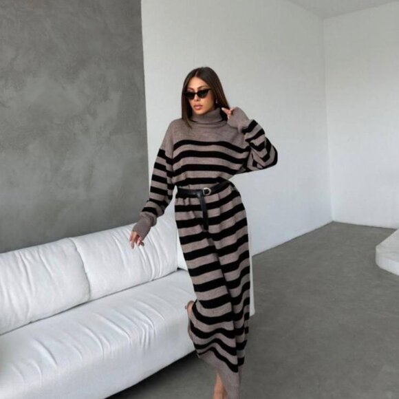 Striped Oversized Sweater Dress with Belt Casual Chic Gray/Black - S, M, L, XL - Picture 3 of 3